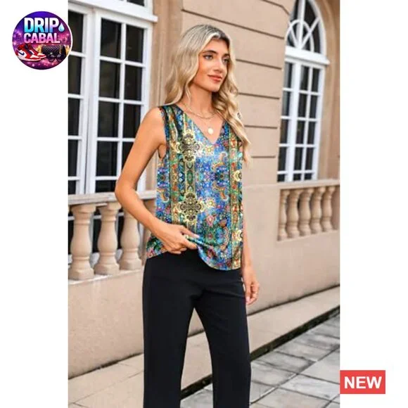 Satin Camisole Top V-Neck Pleated Sleeveless Blouse Elegant Business Casual - Picture 3 of 5